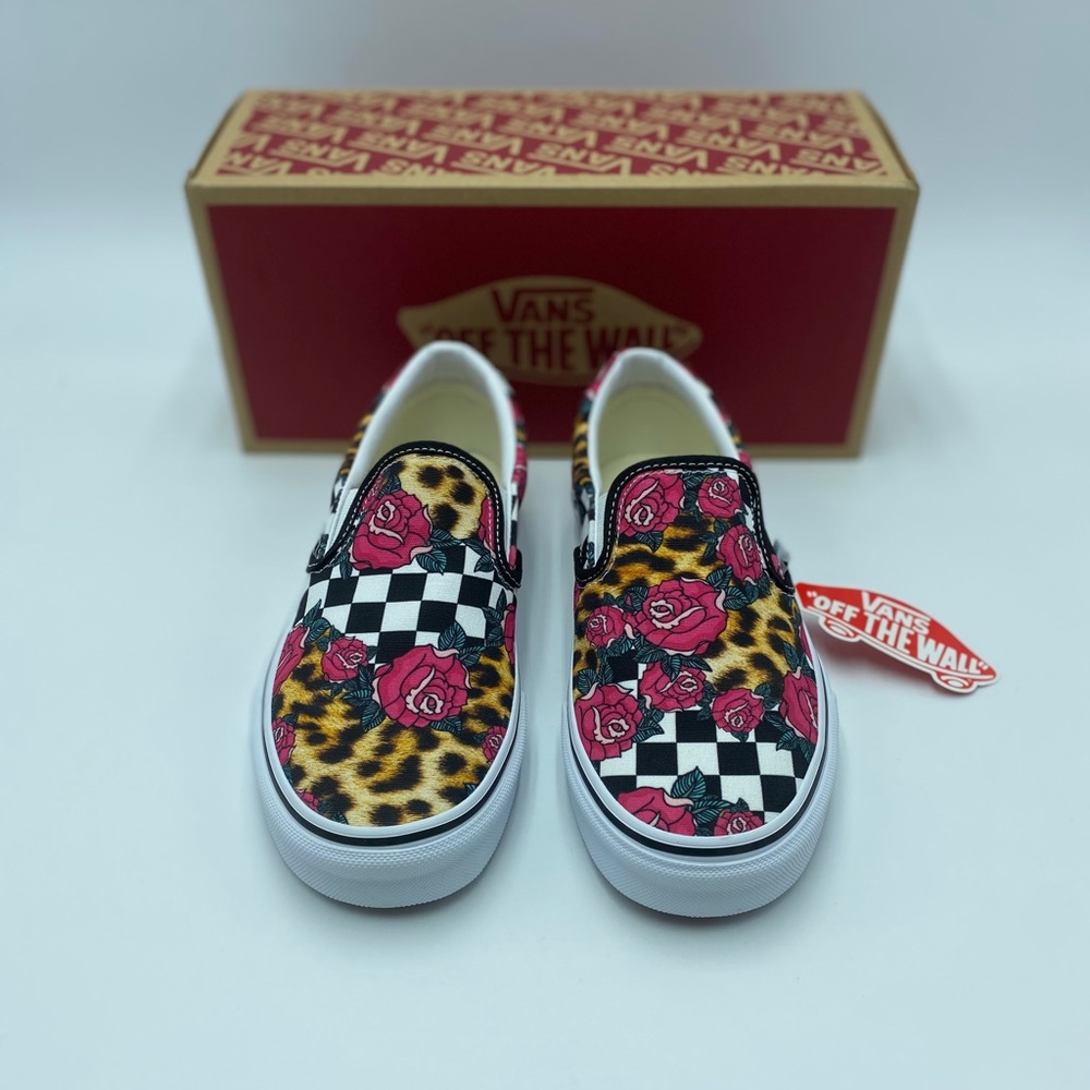 Vans rose/animal checkered slip on